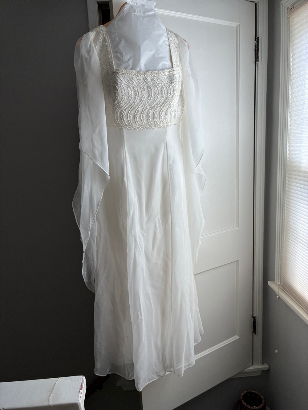 Sincerity Bridal Ivory Chiffon Square-Neck Wedding Gown with Flowing Train